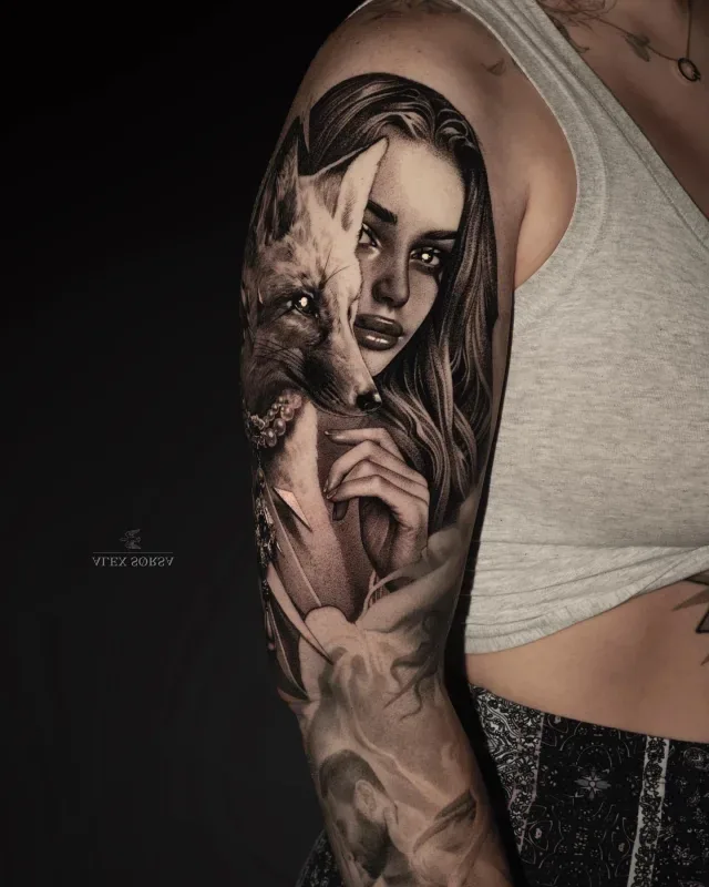 Black & Grey портрет девушки с лисой